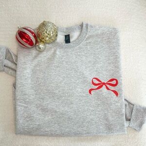 Gray Sweatshirt with Red Bow Accent